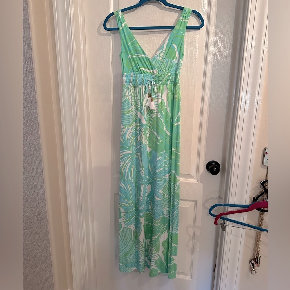 Lilly Pulitzer Isla Green Sheen Fronds Place XXS Maxi Dress White Gold Tassel
